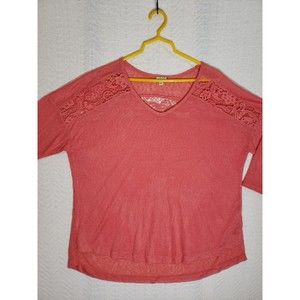 Eyeshadow Tunic Top Size 1X Hi-Lo Coral Pink 3/4 Sleeve Lacy Crochet Pullover